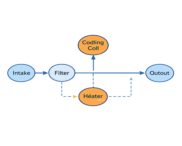 Airflow Diagram , , , (blue, gray, orange) Lines: bold clean stroke width, fully transparent