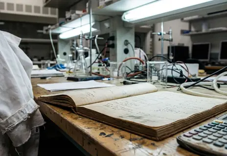 Research notebook with handwritten data, equipment background showing an unorganized desk